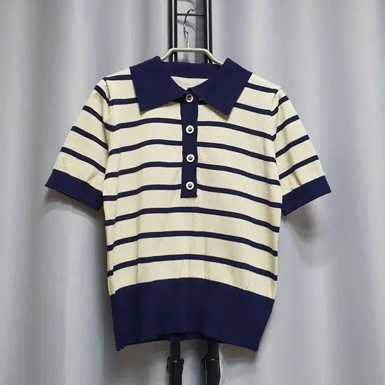 [BUNJANG] Navy Collar Short Sleeve Striped Knit / 네이비 카라 반팔 스트라이프 니트