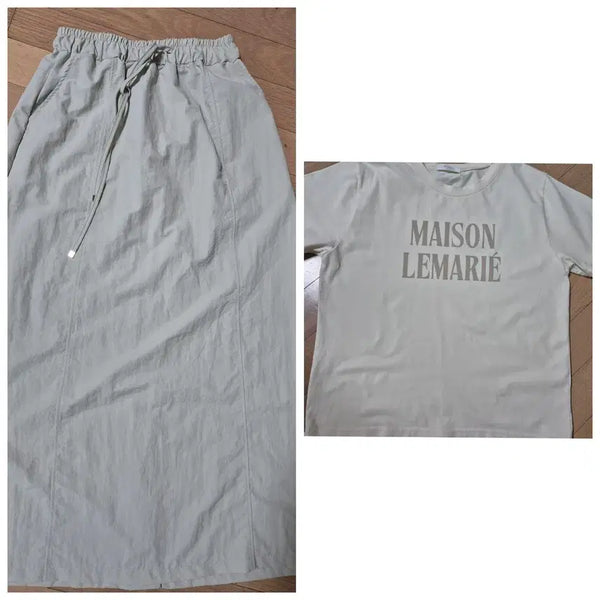 [BUNJANG] Light Gray Crinkled Long Skirt & Cotton T-Shirt Set / 바스락 롱스커트(프리), 티셔츠