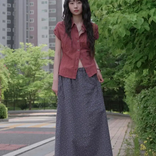 [BUNJANG] Tilde Seoul Popo Floral String Long Skirt Navy / 틸데서울 포포 플로럴 스트링 롱스커트 네이비