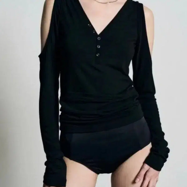 [BUNJANG] Bohemian Seoul Cut-out Long Sleeve Button T-Shirt Black / 보헴서 숄더 홀 롱슬리브 버튼 티 티셔츠 블랙 보헤미안서울