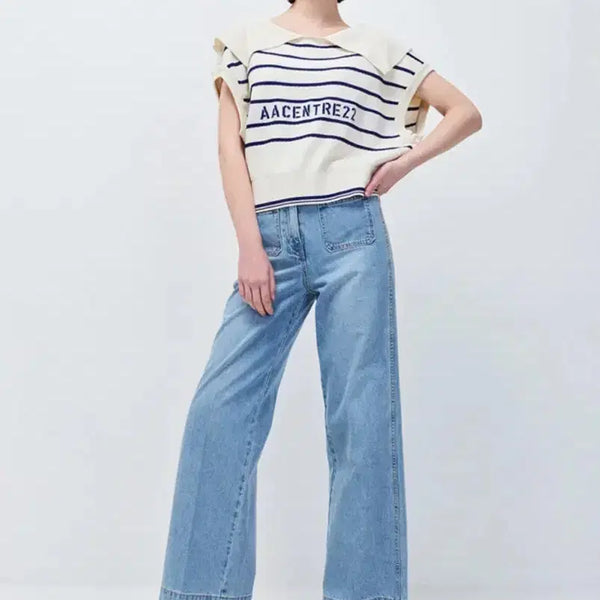 [BUNJANG] System Sailor Stripe Knit Top / 22년 한섬 시스템 세일러 빅카라 스트라이프 니트탑 나시민소매조끼아이보리