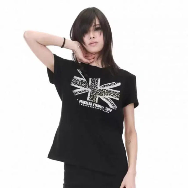 [BUNJANG] Union Jack Black Leopard Print Short Sleeve T-Shirt / 유니온잭 영국 블랙 호피 갸루 반팔 티셔츠