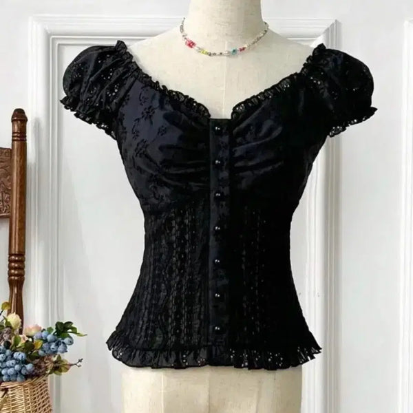 [BUNJANG] Black Lace Puff Sleeve Blouse / 블랙 레이스 블라우스