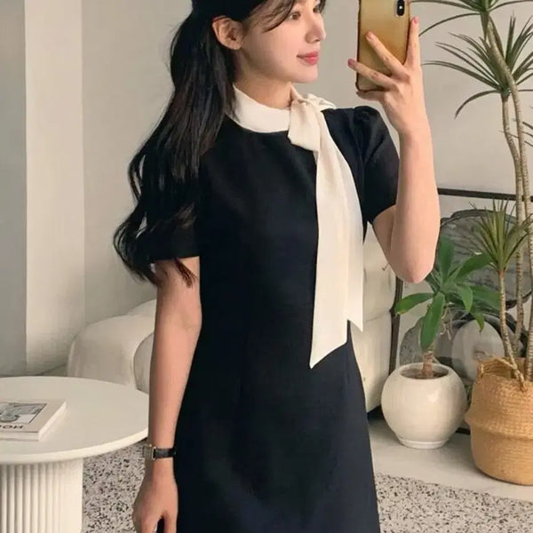 [BUNJANG] Black Ribbon Mini Dress / 블랙 리본 블라우스 원피스