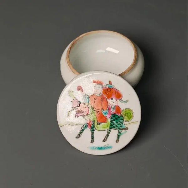 [BUNJANG] Republic of China Period Goryeo Celadon Kylin Boy Decorated Porcelain Box / [진품] 민국 분채 기린송자문 원형 합 중국도자기 골동품 수집품