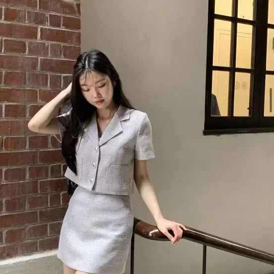[BUNJANG] Merryon Demoer Bouclé Tweed Jacket + Skirt Two-Piece Set - Lavender / 메리온 데모어 부클 트위드 자켓+스커트 투피스 셋업 세트 S 라벤더
