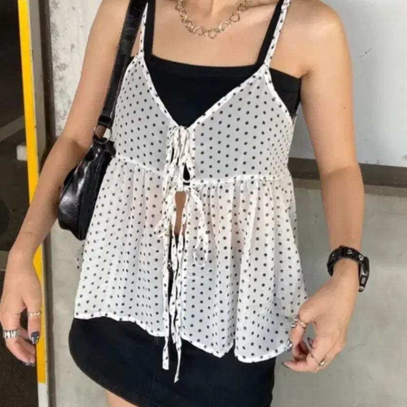 [BUNJANG] Dot See-Through Strap Camisole / 일본직구 도트무늬 시스루 끈 나시 새상품 택있음
