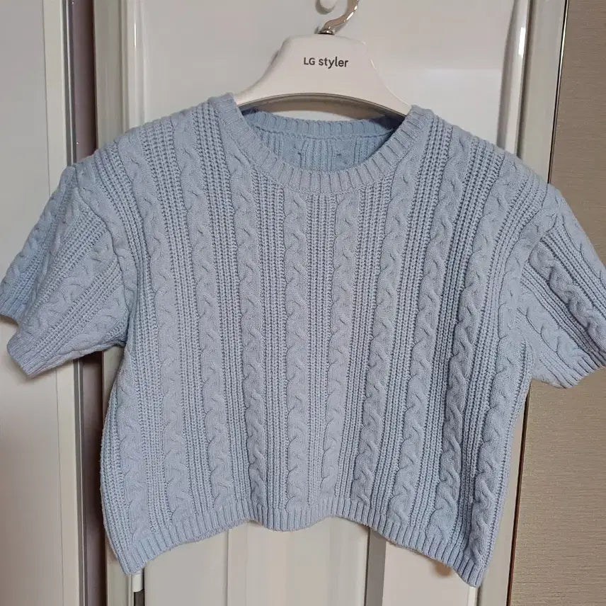 [BUNJANG] Cable Knit Short Sleeve Sweater - Blue / 케이블 니트 반팔 블루