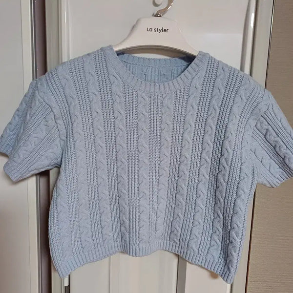 [BUNJANG] Cable Knit Short Sleeve Sweater - Blue / 케이블 니트 반팔 블루