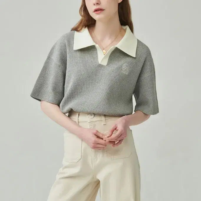 [BUNJANG] Ronron Overfit Waffle Open Collar T-Shirt / 론론 오버핏 와플 오픈 카라 티셔츠 F