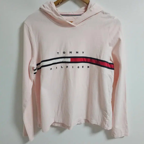 [BUNJANG] Tommy Hilfiger Authentic Big Logo Stripe Hoodie (Pastel Pink) / [M] 타미힐피거 정품 빅로고 스트라이프 후디 (연핑크/상태 최상)