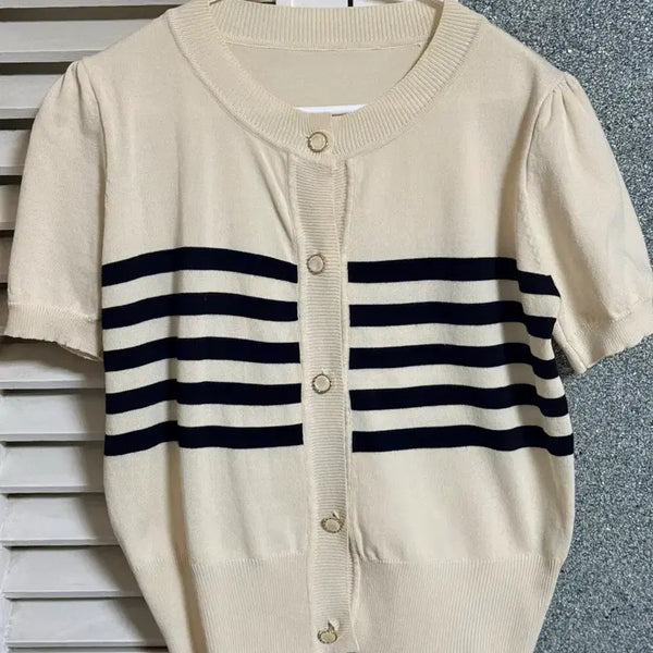 [BUNJANG] Pearl Stripe Round Neck Short Sleeve Cardigan Beige Ivory / 고급 진주 줄가라 단가라 스트라이프 라운드넥 반팔 가디건 베이지 아이보리