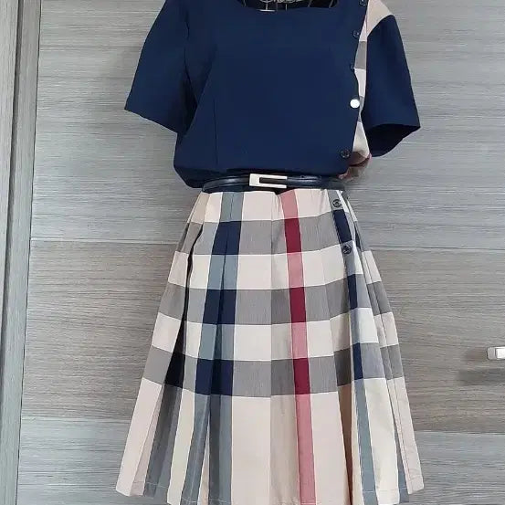 [BUNJANG] Navy Check Pleated Dress / 체크 플리츠 원피스