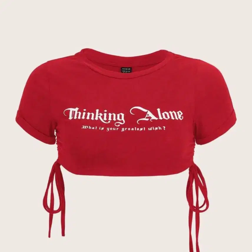 [BUNJANG] Shirring String Short Sleeve Crop Top - Red / 셔링 끈 반팔 크롭티 레드