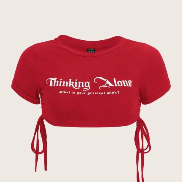[BUNJANG] Shirring String Short Sleeve Crop Top - Red / 셔링 끈 반팔 크롭티 레드