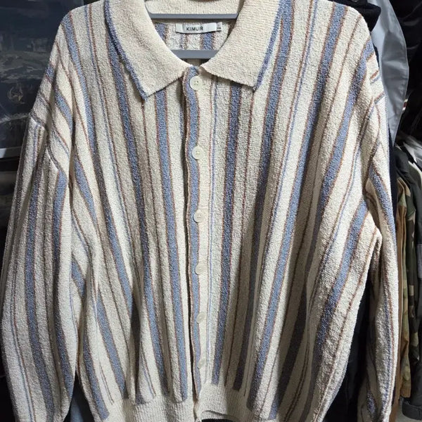 [BUNJANG] KIMUER Terry Stripe Boucle Cardigan Blue (L) / 키뮤어 테리 스트라이프 부클 카라 가디건 블루 (L)