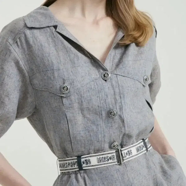 [BUNJANG] TIME 100% Linen Belted Jumpsuit Beige/Gray / 21년 한섬 타임 TIME 84.5만 린넨100% 벨트점프수트 반팔반바지