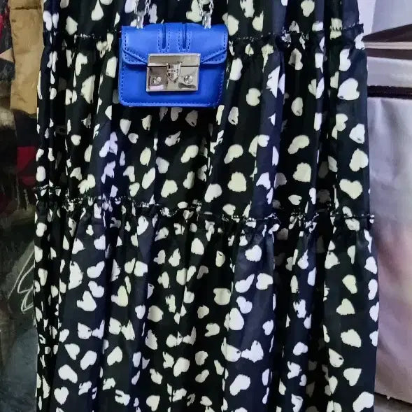 [BUNJANG] Printed Heart Tiered Long Skirt & Mini Chain Bag Set / 프린팅 캉캉 스커트 + 미니 체인백