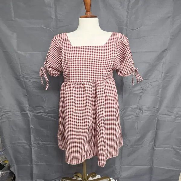 [BUNJANG] Red Check Square Neck Short Sleeve Dress / 레드 체크 스퀘어넥 원피스 F