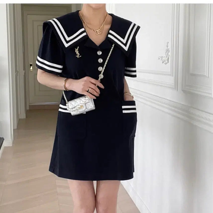 [BUNJANG] Jullog Sailor Mini Dress / 줄로그 세일러 미니 드레스 원피스 세라 여행룩 코튼100% 마린 카라