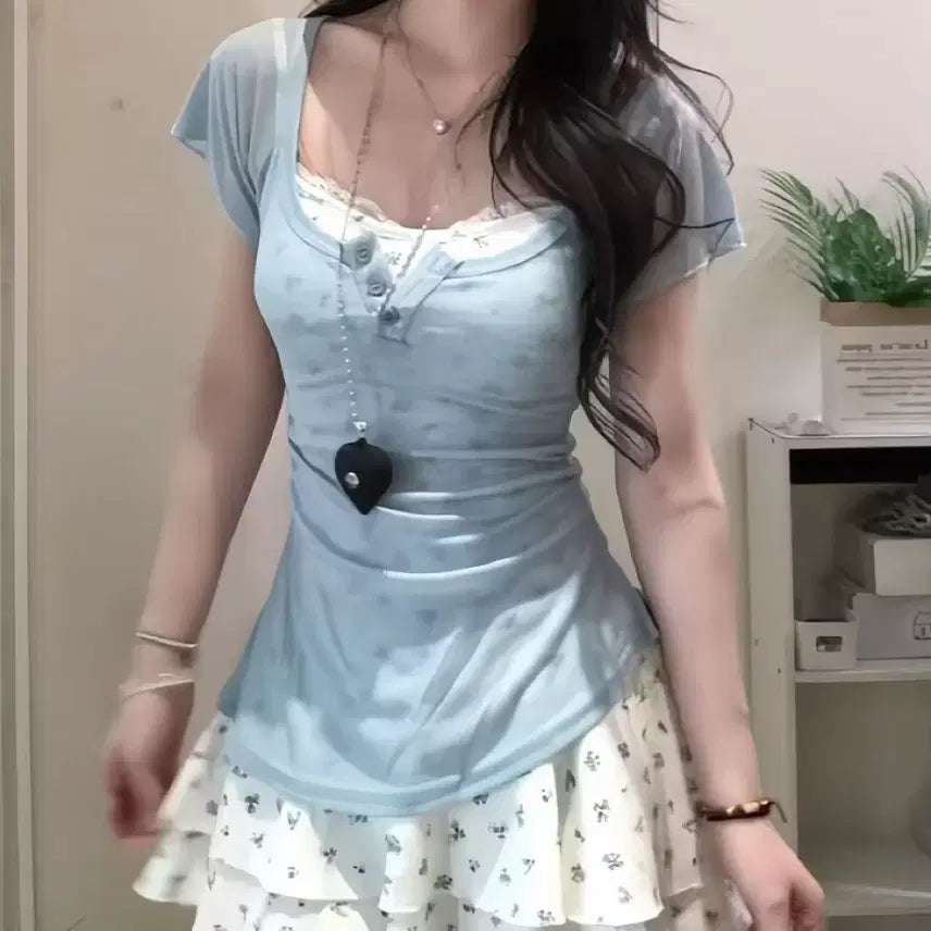 [BUNJANG] Ruched Waistline Mini Dress with Short Sleeve Cover-up Skirt Set / 셔링 허리라인 미니 드레스 원피스 신상 핫한 반팔 커버업 스커트 세트