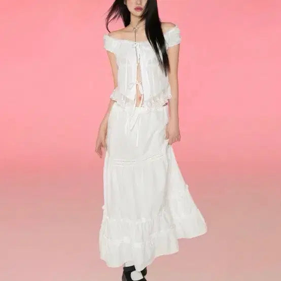 [BUNJANG] Rosé Lace Frill Long Skirt Ivory / 로제 레이스 프릴 롱 스커트 아이보리 뉴얼린 스커트