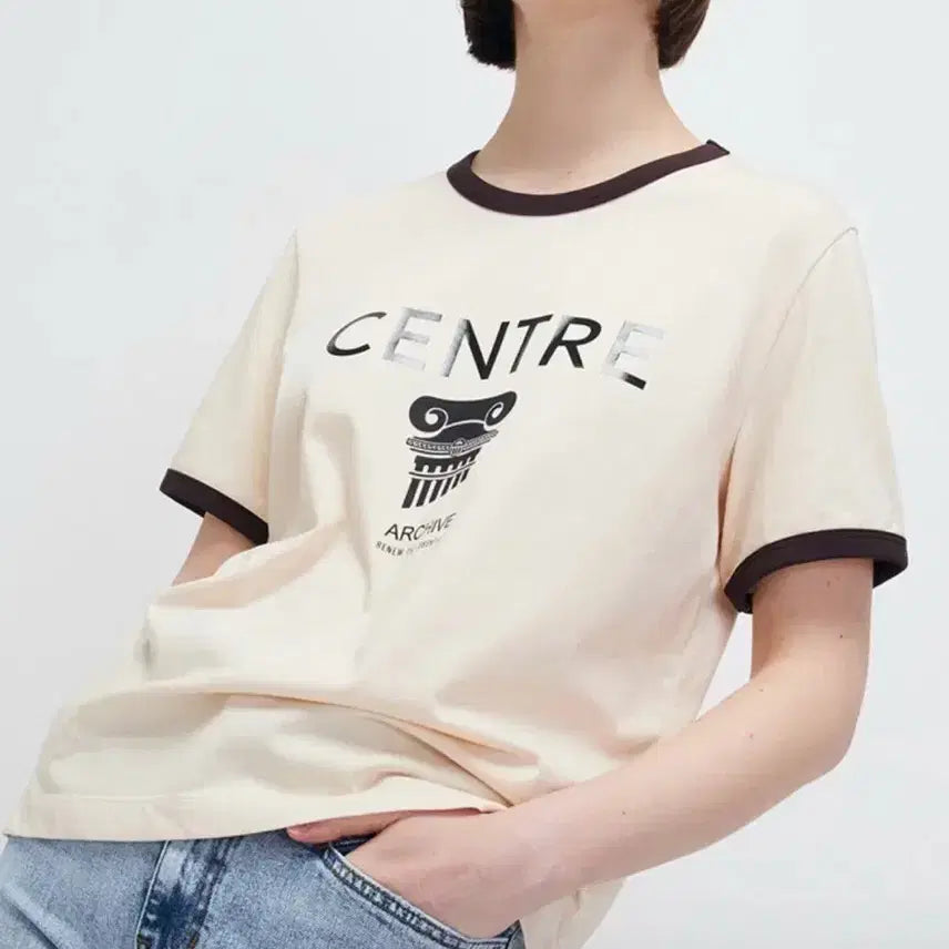 [BUNJANG] SYSTEM Color Line Color Blocking Lettering Printing Short Sleeve T-Shirt / 23년 한섬 시스템 SYSTEM 컬러라인 배색 레터링 프린팅 티셔츠 반팔