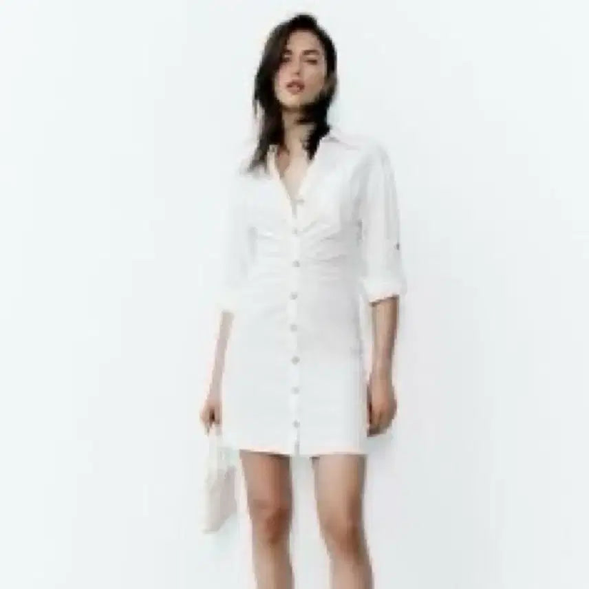 [BUNJANG] Zara Shirring Button Dress White / 자라 셔츠 화이트 셔링 원피스 버튼 원피스