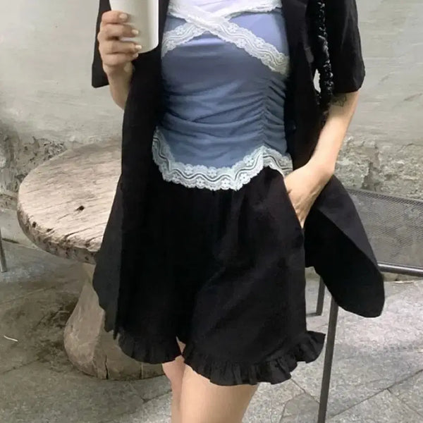 [BUNJANG] Haengjassi Lace Sleeveless, Frill Pants, and Collar Jacket Set / 행자씨 레이스 나시 프릴 팬츠 블랙 카라 자켓 세트