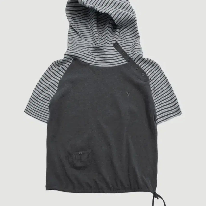[BUNJANG] High Neck Button-Up Striped Asymmetric Shirring Pocket Strap Hooded Short Sleeve T-Shirt - Charcoal / 하이넥 버튼업 스트라이프 언발 셔링 포켓 스트랩 후드 반팔 티셔츠 [차콜
