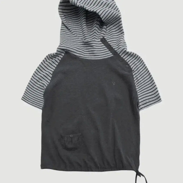 [BUNJANG] High Neck Button-Up Striped Asymmetric Shirring Pocket Strap Hooded Short Sleeve T-Shirt - Charcoal / 하이넥 버튼업 스트라이프 언발 셔링 포켓 스트랩 후드 반팔 티셔츠 [차콜