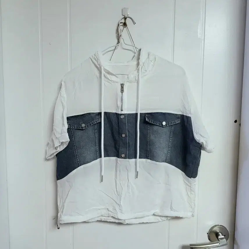 [BUNJANG] Denim Patchwork Hoodie T-Shirt / 데님배색 후드티 77까지