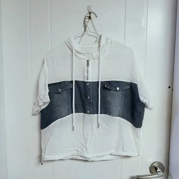 [BUNJANG] Denim Patchwork Hoodie T-Shirt / 데님배색 후드티 77까지
