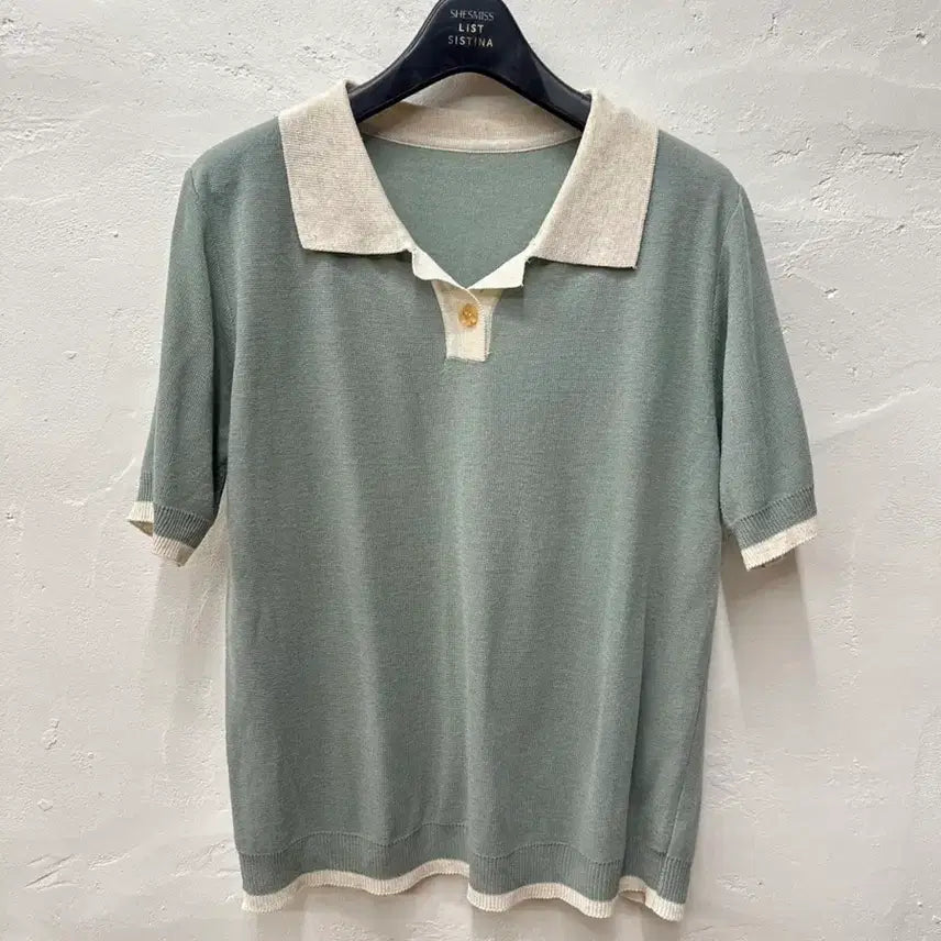 [BUNJANG] Women's Short Sleeve Knit Polo T-Shirt Mint/Ivory - Size 55 / 보세(한국) 여 카라티 민트,아이보리/니트/반팔 55
