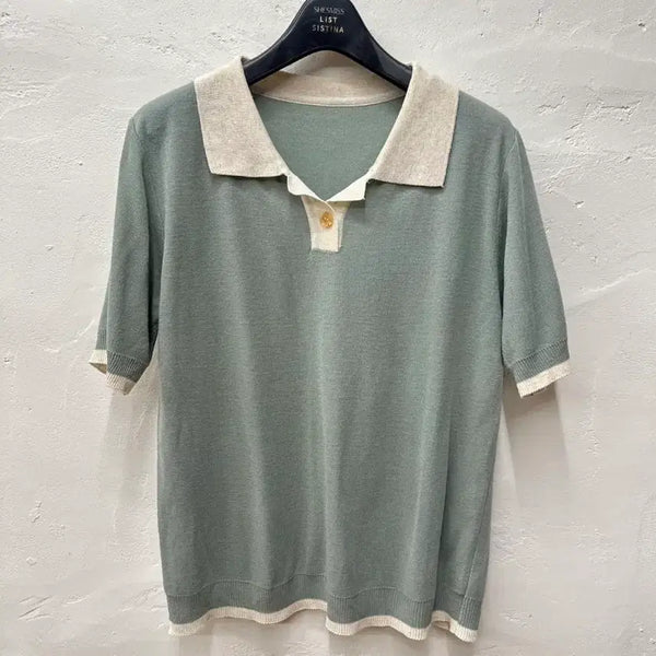 [BUNJANG] Women's Short Sleeve Knit Polo T-Shirt Mint/Ivory - Size 55 / 보세(한국) 여 카라티 민트,아이보리/니트/반팔 55