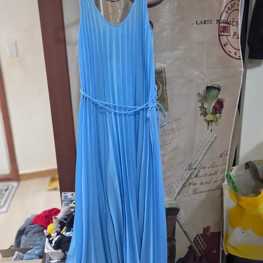 [BUNJANG] Light Blue Pleated Strap Long Dress / 하늘색 플리츠 끈나시 원피스