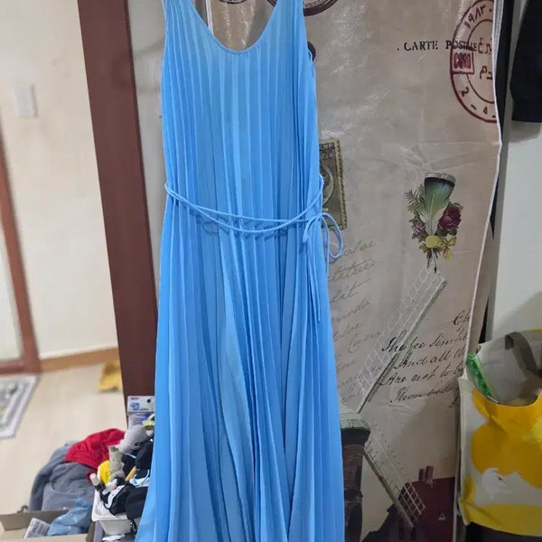[BUNJANG] Light Blue Pleated Strap Long Dress / 하늘색 플리츠 끈나시 원피스