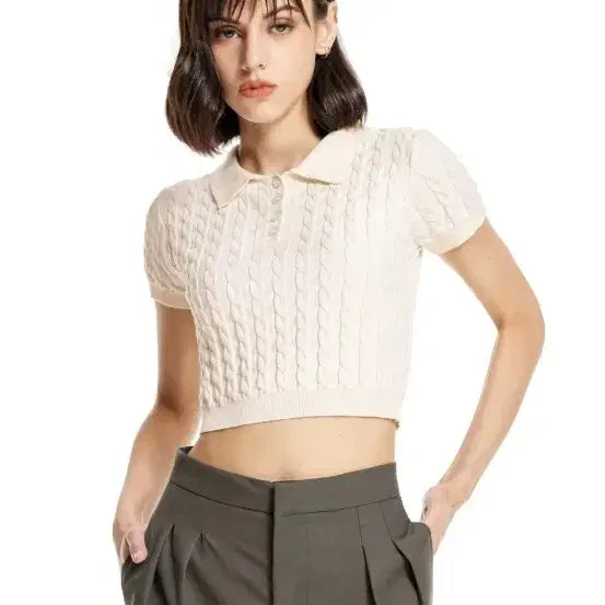 [BUNJANG] Cable Collar Short Sleeve Knit / 케이블 카라 크롭 반팔 니트