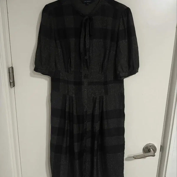 [BUNJANG] Burberry Dark Check Pin Tuck Tie Ribbed Dress / 38 버버리 다크 체크 핀턱 타이 리볼 원피스