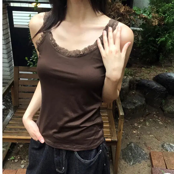 [BUNJANG] Lace Sleeveless Top (Black, Brown) / 레이스 민소매탑 (블랙,브라운)2 color