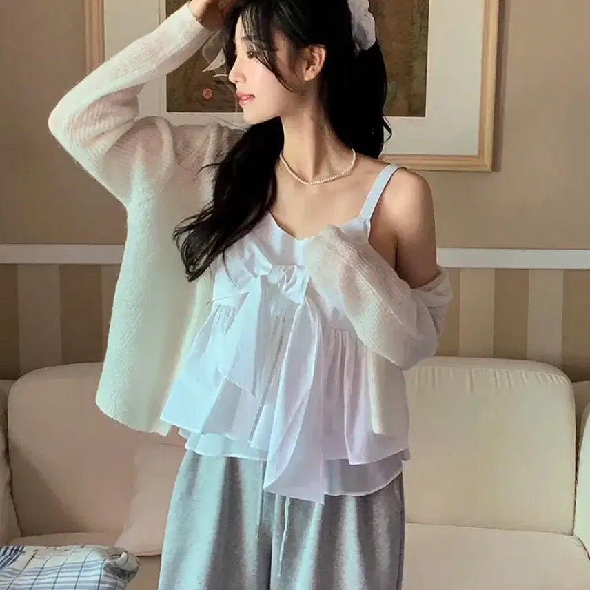 [BUNJANG] Shopperland Ribbed Chiffon Bustier Sleeveless Blouse / 쇼퍼랜드 에스크 리본 쉬폰 뷔스티에 나시 블라우스