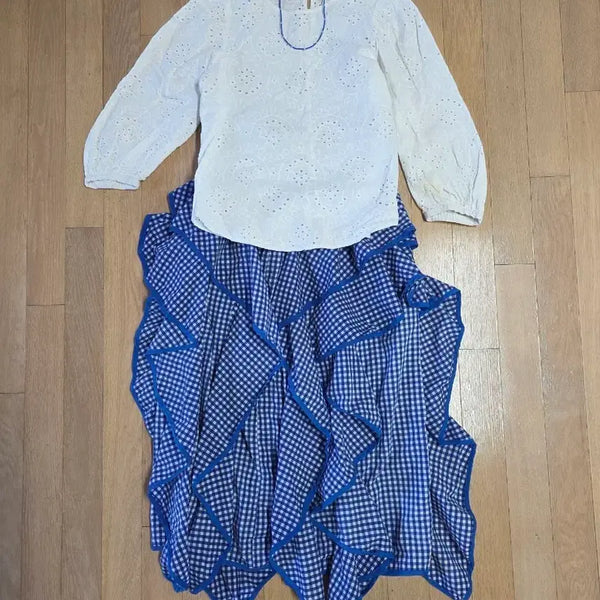 [BUNJANG] Mini Studio Check Frill Long Skirt with Elastic Banding / 미니스튜디오 체크 프릴 롱스커트 44 55 고무줄 밴딩스커트