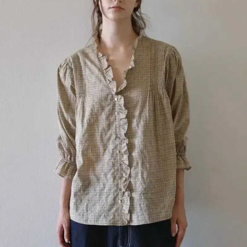 [BUNJANG] VIA PLAIN Victoria Blouse - Beige Check / 아이유 착용) 비아플레인 빅토리아 블라우스