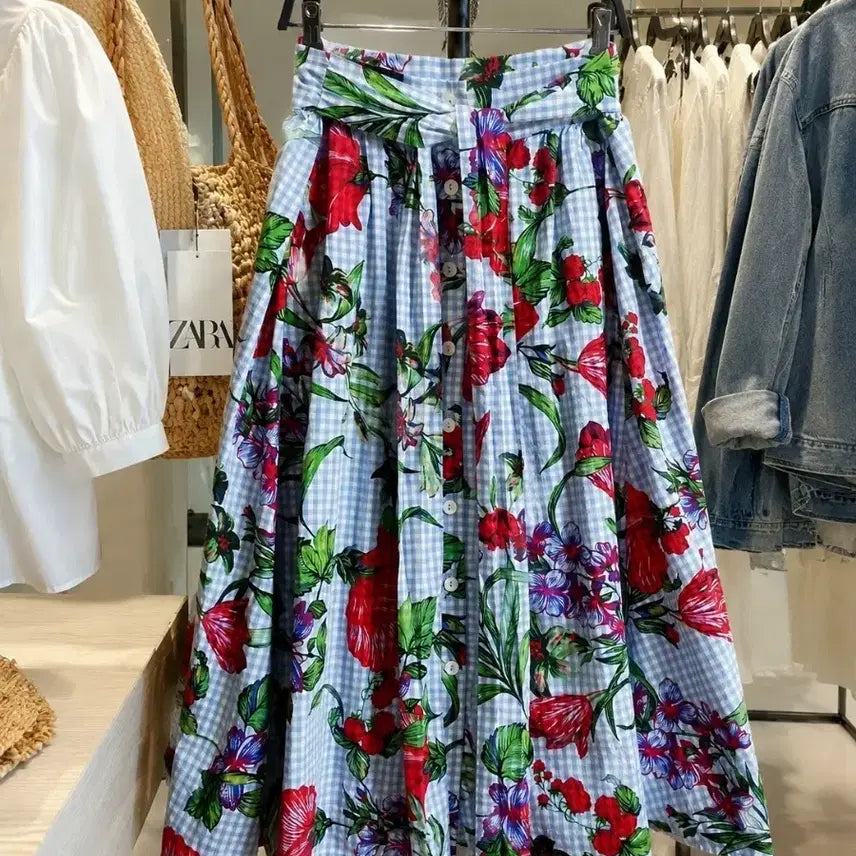 [BUNJANG] Zara Floral Check Long Skirt with Waist Tie / 자라(ZARA) 플라워 체크 롱스커트 | 허리끈 조절 | 여행룩 추천