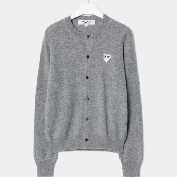 [BUNJANG] Comme des Garçons White Heart Applique Round Cardigan Light Grey / (M) 꼼데가르송 화이트하트 와펜 라운드 가디건 라이트그레이