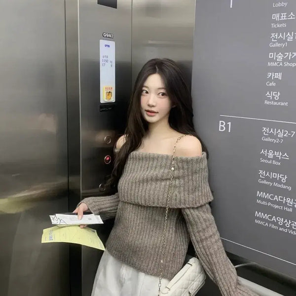 [BUNJANG] Zaenio Eve Off-Shoulder Knit Top - Taupe Brown / zaenio 제니오 이브 오프숄더 니트 토프브라운