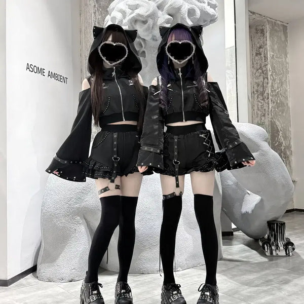 [BUNJANG] Gothpunk Jiregy Crop Hoodie Setup (Matte / Glossy) / 고스펑크 지뢰계 크롭 후드집업 셋업  (무광 / 유광)