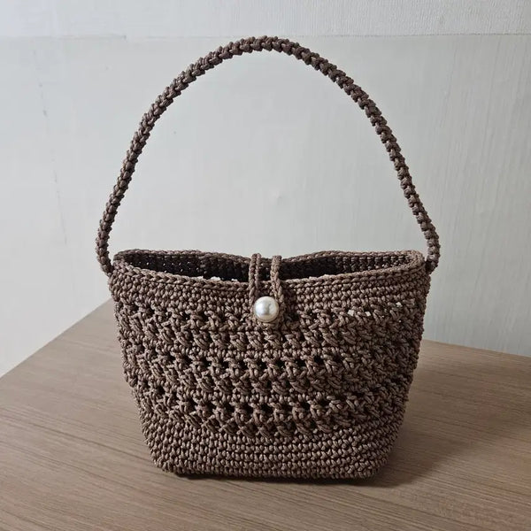 [BUNJANG] Handmade Crochet Pearl Accent Brown Tote Bag / [새상품] 핸드메이드 코바늘 진주 장식 브라운 토트백