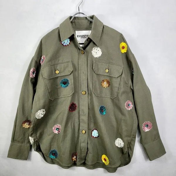 [BUNJANG] Essentiel Antwerp Khaki Flower Embroidery Shirt / 에센셜 앤트워프 카키 플라워 자수 셔츠