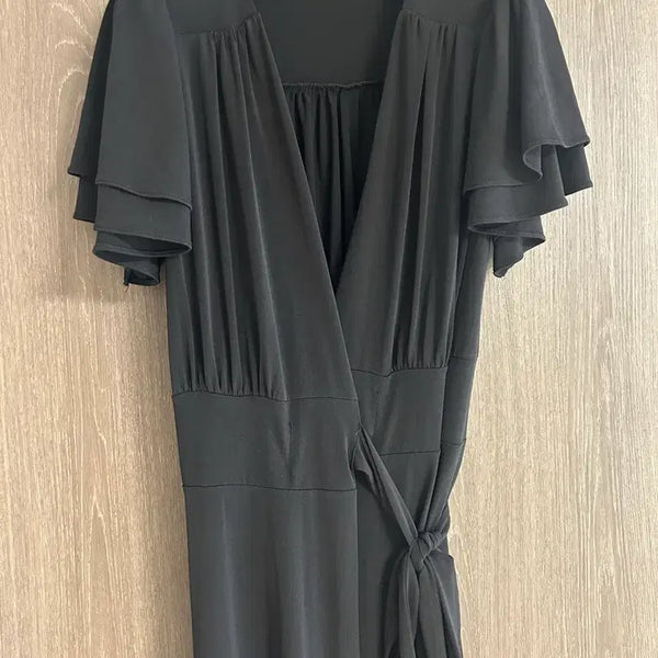 [BUNJANG] Frill Wrap Long Dress - Black, One Size / 프릴 랩 롱원피스 블랙 프리 새상품